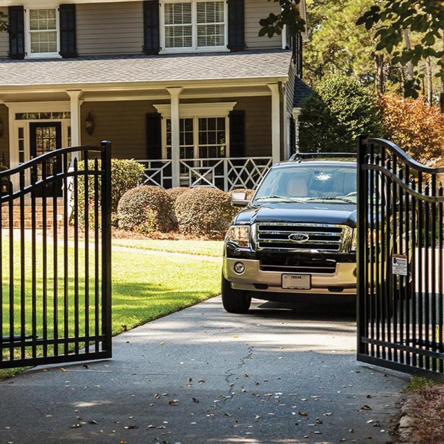 A truck leaving a gate